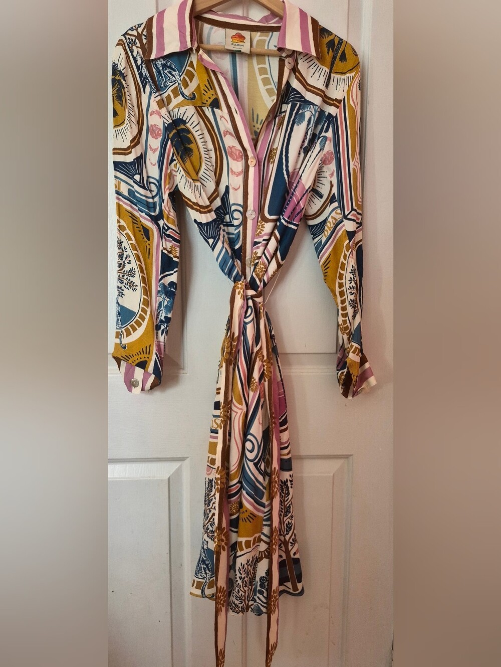 Farm Rio Silky Shirt Wrap Dress in Pink, Navy & Mustard